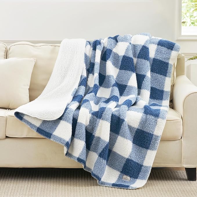 Cozy Bliss Luxury Sherpa Throw Blanket for Couch, Premium Reversible Buffalo Plaid Thick Throw, Warm Cozy Soft Blanket for Home and Gifts (Navy Blue, 50" x 60")