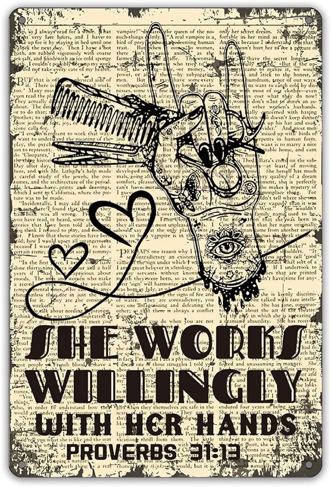 QIONGQI She Works Willingly with Her Hands Metal Tin Sign Wall Decor Retro Hairstylist Art Signs for Home Salon Baber Decor Gifts