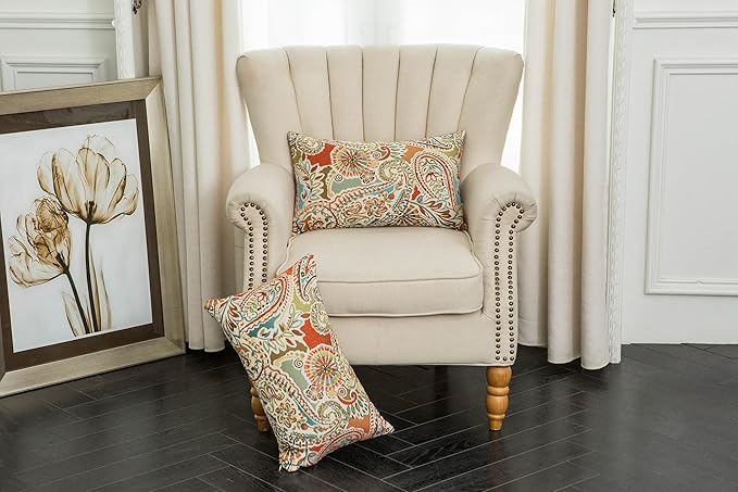 Mika Home Pack of 2 Oblong Rectangular Throw Pillow Cover Cushion Cases for Sofa Couch Chair,Paisley Pattern,12x20 Inches,Red Teal Cream Multicolor