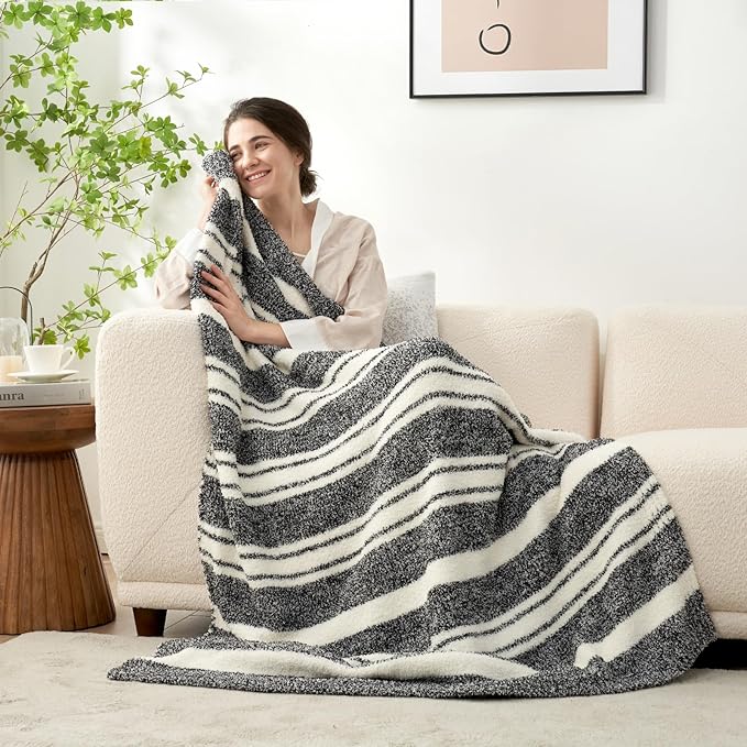 Snuggle Sac Black White Stripe Twin Size Reversible Super Soft Bedding Blanket, 60x80 inches
