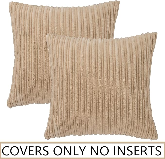 UGASA Velvet 26x26 Inch Soft Throw Pillow Covers Decorative Corduroy Striped Both Sides Solid Square Cushion Cases Boho Farmhouse for Couch Bedroom Sofa Home, Pack of 2, Beige