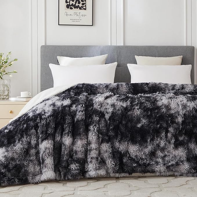 COOVA Ultra Soft Faux Fur Twin Blanket – Fuzzy Fluffy Cozy Microfiber Blankets, Warm Thick Plush Sherpa Fleece Throw Blanket for Couch,Bed,Sofa,Ideal Gift for Women.(Tie Dye Black, 60"x80")
