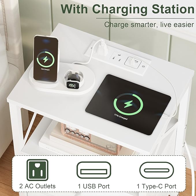 Nightstand Set of 2, Nightstands with Charging Station, Small Bedside Table with Storage Shelf, End Table with USB Ports & Outlets, with Fabric Drawers, for Couch, Bedroom(White) LET105W-2