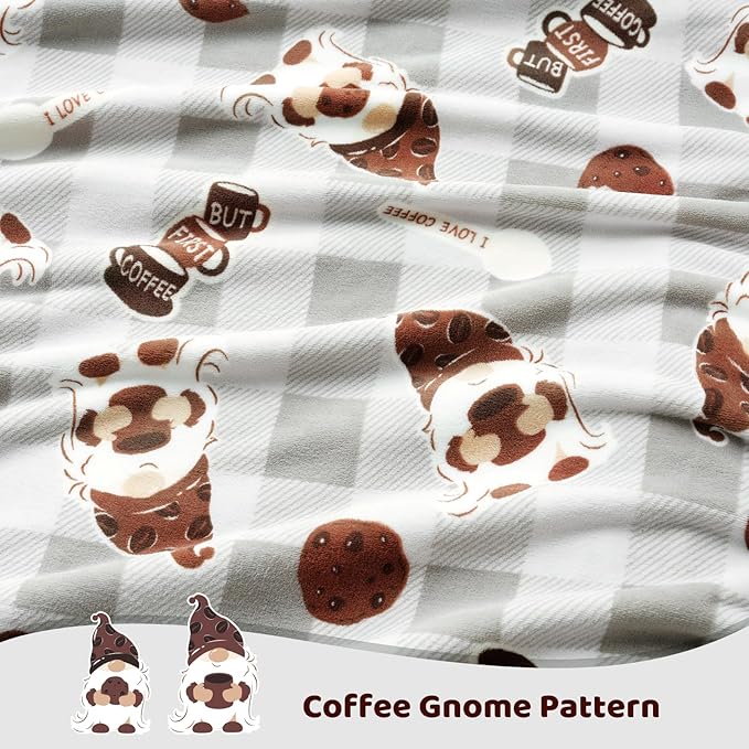 Cozy Bliss Gnome Coffee Throw Blanket - Warm MilkyPlush Throw Blankets,Ultra Soft Cozy Blankets for Couch,Sofa and Bed,Grey,50X60inches