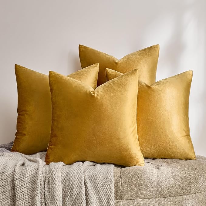 GIGIZAZA Decorative Pillow Covers 20x20: Pack of 4 Soft Throw Pillows Square Golden Covers - Velvet Solid Luxury Couch Cushion Covers for Living Room,Bedroom,Sofa,Room Decor