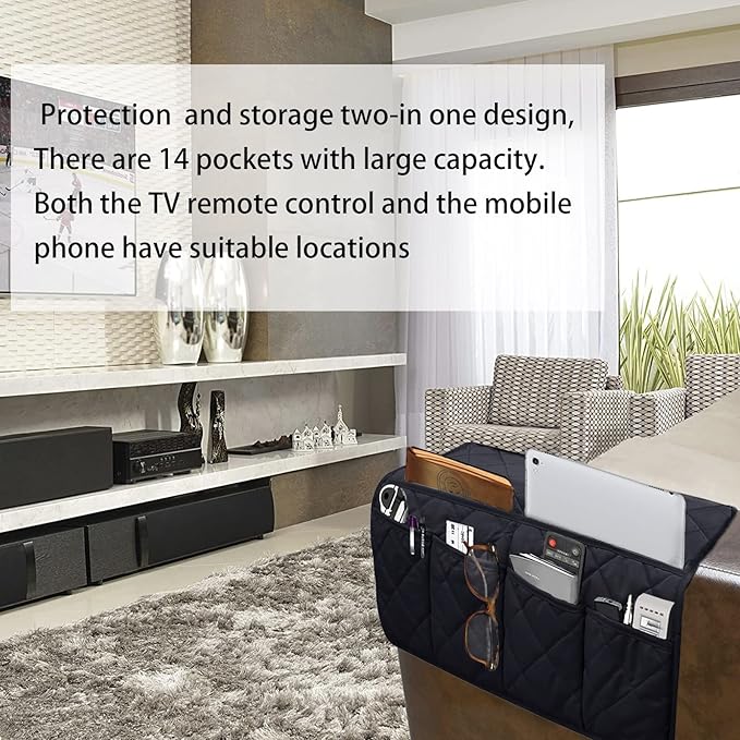 Sofa Armrest Organizer Waterproof Armchair Caddy Remote Control Holder for Recliner Non Slip Recliner Organizer Chair Arm Organizer with 14 Pockets for TV Remotes Caddy, Book, Magazines, Ipad