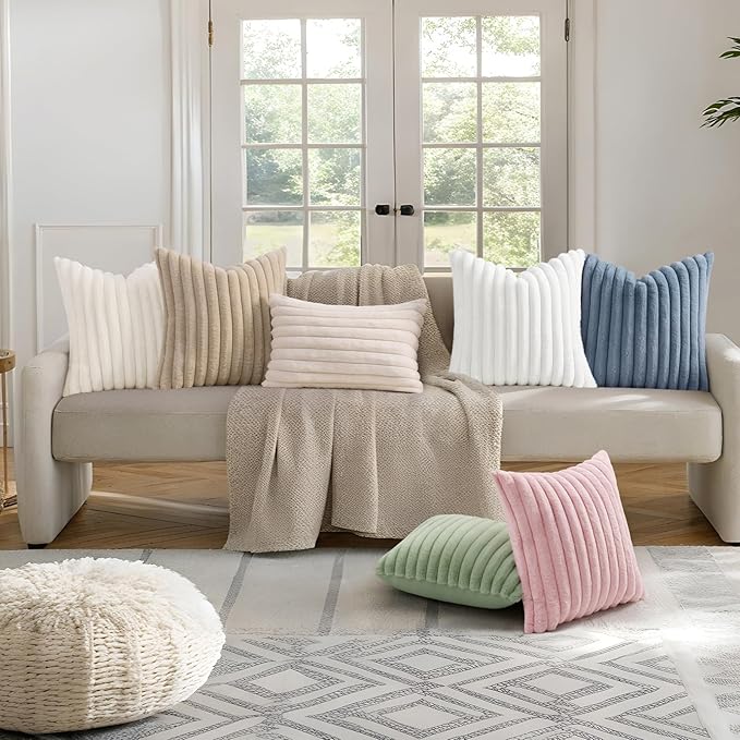 decorUhome Summer Cozy Faux Fur Throw Pillow Covers 12x20 Set of 2 Decorative Soft Plush Striped Lumbar Modern Farmhouse Boho Couch Pillow Cases with Velvet Back for Sofa Bed Living Room, White