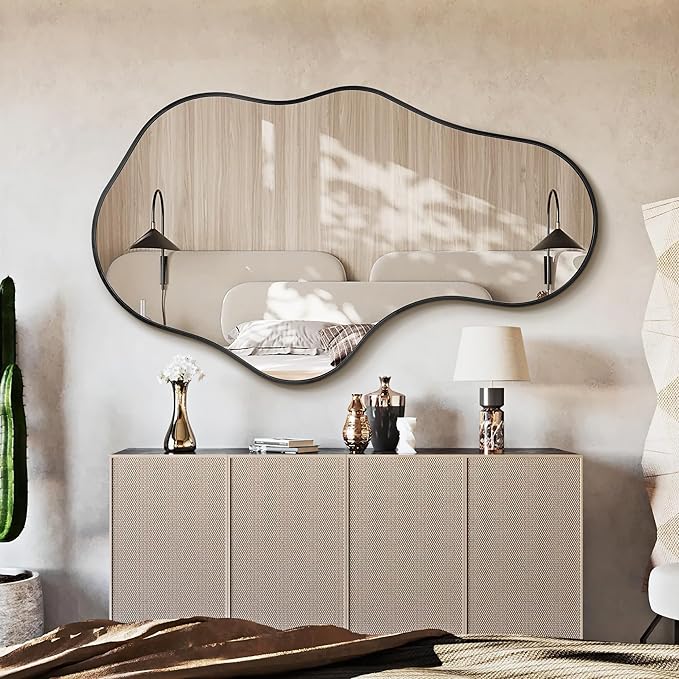 Bathroom Mirrors for Over Sink - Wall Mirrors Decorative 26"x 43" Asymmetrical Abstract Aviation Aluminum Alloy Frame Unique for Bathroom, Bedroom, Living Room, Cloakroom, Entryway Black