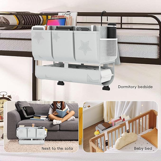 Bedside Caddy Bedside Organizer, Bed Storage Caddy with 7 Pockets, College Dorm Rooms Bag for Bunk, Home, Dorm, Hospital, Crib Bed (Grey)