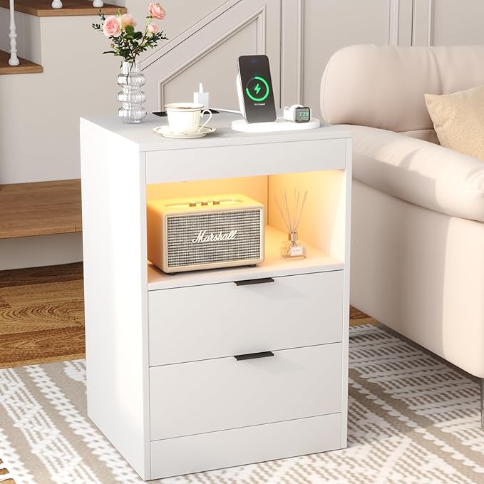 Yusong Night Stand with Gun Drawer & Invisible Lock, Bedside Table, LED Nightstand with Charging Station, Modern Night Stand, Wood Sofa Couch End Side Table with 2 Pull-Out Shelf, White