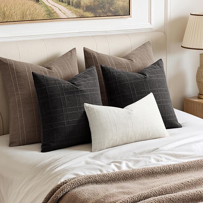 MIULEE Decorative Linen Check Throw Pillow Covers Neutral Farmhouse Vintage Pillow Covers 20x20 Set of 2 Boho Modern Winter Home Decor for Sofa Couch Bedroom Cushion Brown