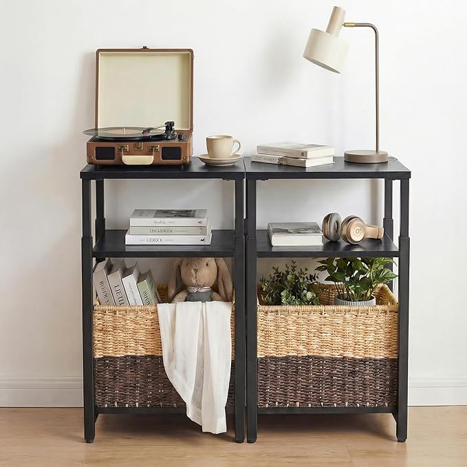Side Table with Storage Basket, Small End Table with Adjustable Height Design for Living Room, Bedroom Nightstand Bedside Table for Small Spaces (Black)