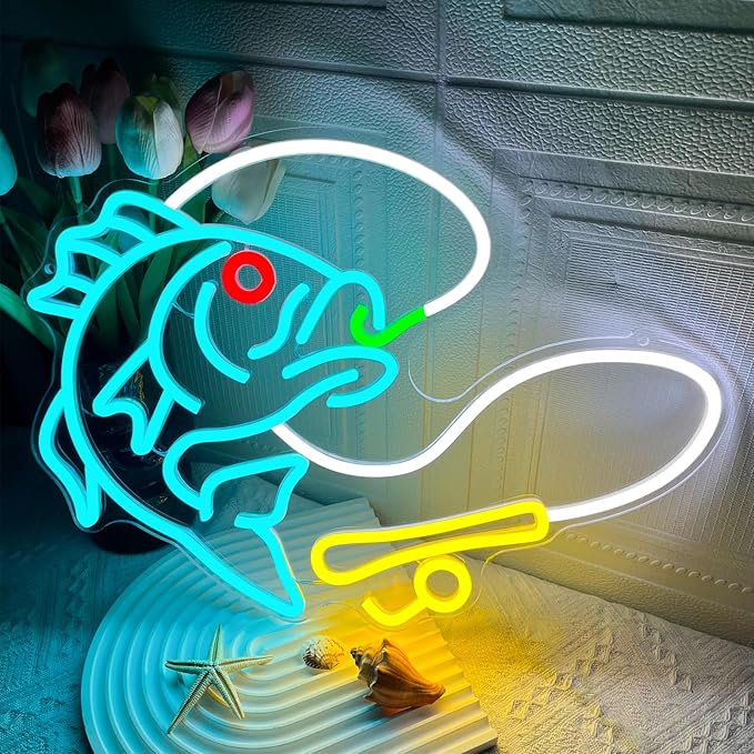 Fishing Neon Sign for Wall Decor, Dimmable Fishing Hook Lights Neon, Fishing Themed LED Neon Light Sign for Fishing Lovers Fishing Gear Store Man Cave Yacht Party Coastal Kitchen Bedroom Boy Presents