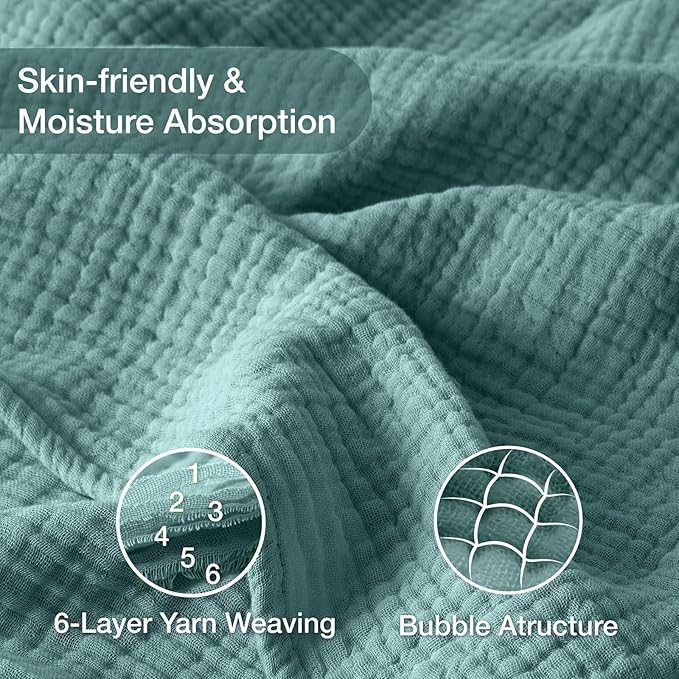 100% Cotton Muslin Blanket Large 50" x 70", 6 Layers Breathable and Lightweight Cotton Throw Blanket for Bed and Couch, Soft Quilt Bedspread, Gauze Blanket for Adults All Season, Teal