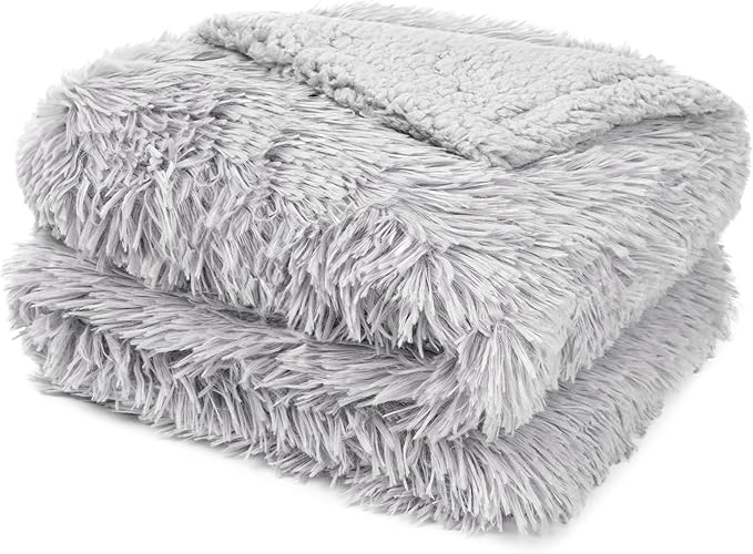 Pavilia Light Gray Fluffy Throw Blanket for Couch, Twin Bed - Super Soft Thick Faux Fur Sherpa Blanket - 60x80