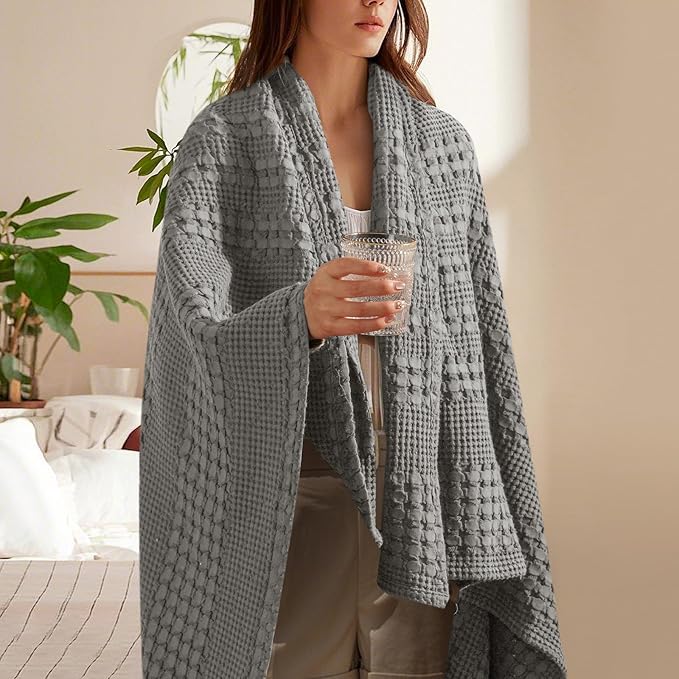 PHF 100% Cotton Waffle Weave Throw Blanket, Soft Lightweight Breathable Cozy Throws for Couch Bed Sofa, Luxury Aesthetic Blanket Gift for Home Decor & Office, 50"x60", Dark Grey
