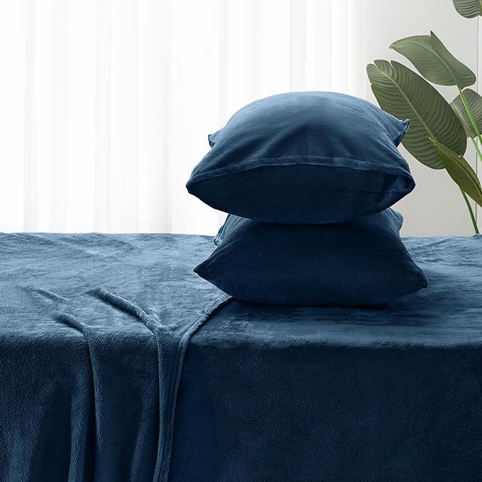 BEDELITE Flannel Sheets Full Size Navy - Super Soft Fleece Sheets Set Fluffy Extra Plush, 4 Piece(Include Fitted Sheet, Flat Sheet, 2 Pillowcases)
