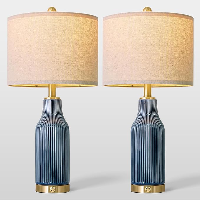 24.5" Modern 3-Way Dimmable Touch Control with 5FT Cord & USB A+C Ceramic Lamps Set of 2 Table Lamp for Living Room Bedroom Farmhouse Nightstand Bedside Blue