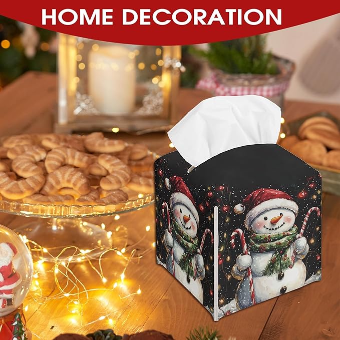 Christmas Snowman Tissue Box Cover Leather, Black Christmas Tissue Box Cover, Xmas Housewarming Gift Ideas for Family Friends, Bathroom Kitchen Car Office Home Table Decor(5.2 Inches)-B02