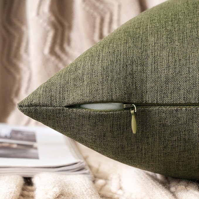 MIULEE Pack of 2 Decorative Outdoor Solid Waterproof Throw Pillow Covers Spring Faux Linen Garden Farmhouse Cushion Cases for Patio Tent Balcony Couch Sofa 20x20 Inch Olive Green