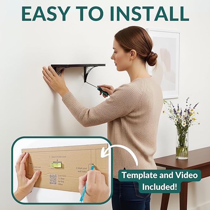 Reinforced Steel Bracket Black Shelves for Bathroom Wall - Easy to Install, Template and Video Included - Black Shelf for Bedroom, Long Wood Wall Shelves, Book Shelf