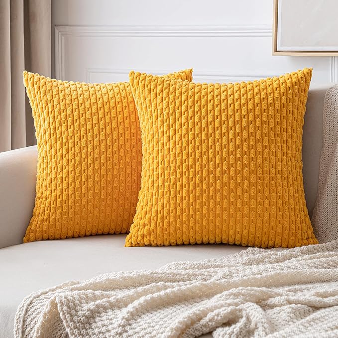 MIULEE Pack of 2 Decorative Throw Pillow Covers 20x20 Inch Soft Boho Striped Textured Corduroy Pillow Covers Modern Farmhouse Home Decor for Couch Bed Sofa Living Room Golden Yellow