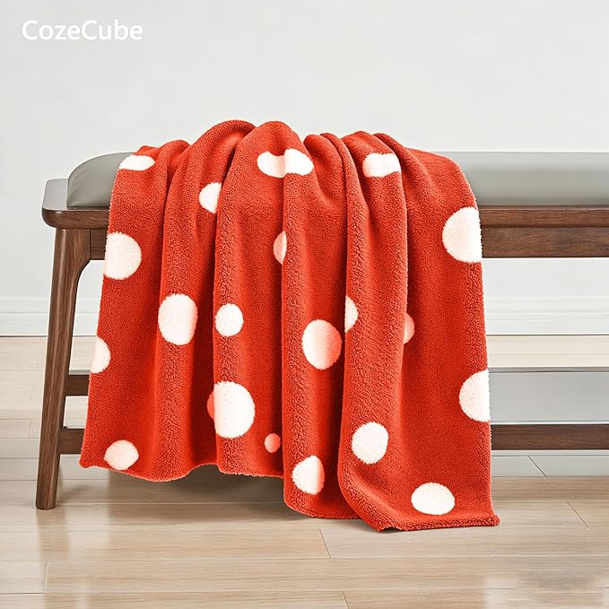 CozeCube Super Soft Fullfy Microfiber Reversible Knitted Blankets, Warm Cozy Fuzzy Plush Throw, Orange red and White Polka Dot Throw Blanket for Couch Bed Sofa, 60" x 80"