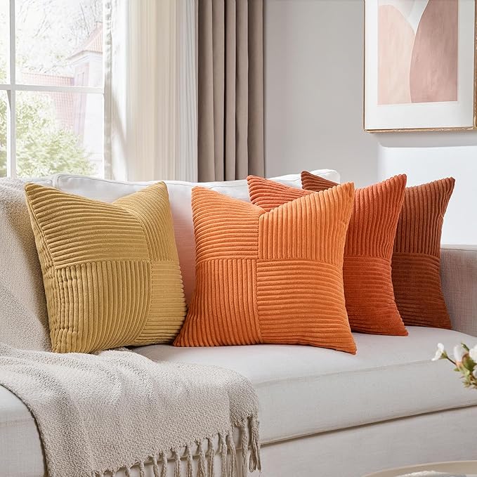 Fancy Homi Set of 4 Boho Fall Decorative Throw Pillow Covers 16x16 Inch for Couch Bed Sofa Bedroom, Modern Farmhouse Home Decor, Soft Cross Striped Corduroy Patchwork Colorful Cushion Case 40x40cm