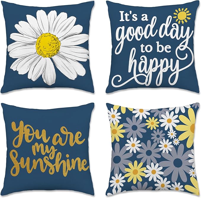 Hexagram Spring Summer Pillow Covers 16x16 Set of 4, Outdoor Floral Daisy Decorative Navy Blue Throw Pillow Covers, You are My Sunshine Farmhouse Cushion Case for Couch Sofa Indoor Decor(No Insert)