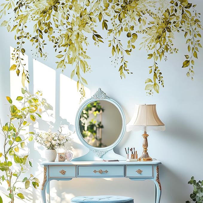 Yellow Plants Leaves Wall Decals Peel and Stick, Large Floral Flowers Vinyl Wall Stickers, Removable Vine Home Decor Art for Bedroom Living Room Classroom Office
