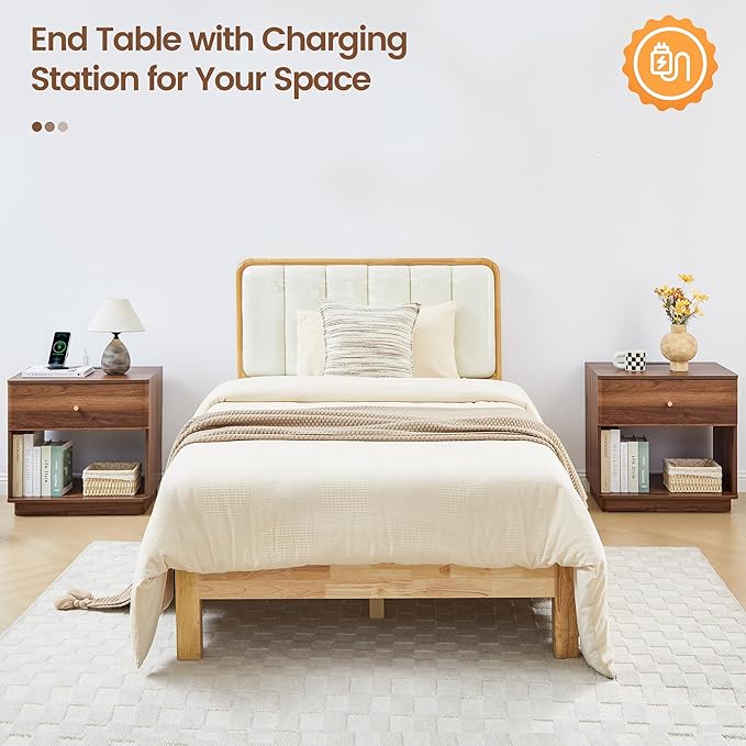 Modern Night Stand with Charging Station for Bedroom, Nightstand Bedside Table with Drawer and Storage Shelf for Bedroom (Walnut-Charging Station-1 pc)