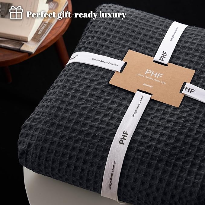 PHF Ultra Soft Waffle Weave Blanket Queen Size 90"x 90"- Washed Lightweight Breathablee Cozy Woven Blanket - Great for Couch Bed Sofa Home Car - Black