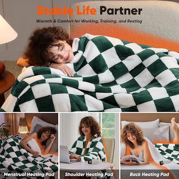 Heated Electric Blanket Throw, 50X60 Heating Blanket with 10 Heat Level & 8 Hours Auto Off for Lap, Dark Green Checkered Plaid Soft Sherpa Blankets for Mom Grandma Women Couch
