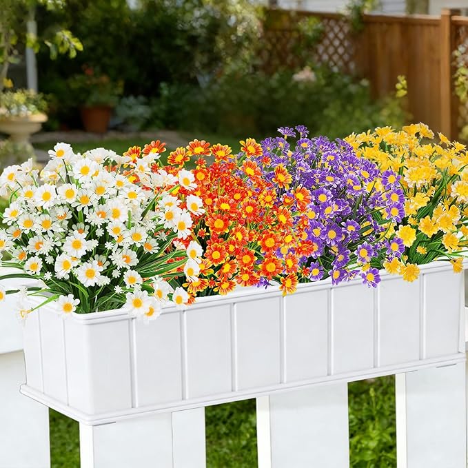 8 Bundles Artificial Daisy Flowers Outdoors Summer Decor, UV Resistant No Fade Fake Flowers Faux Plastic Greenery Shrub Plants for Hanging Gardens Window Box Porch Spring Cemetery Décor(Mix 4 Colors)
