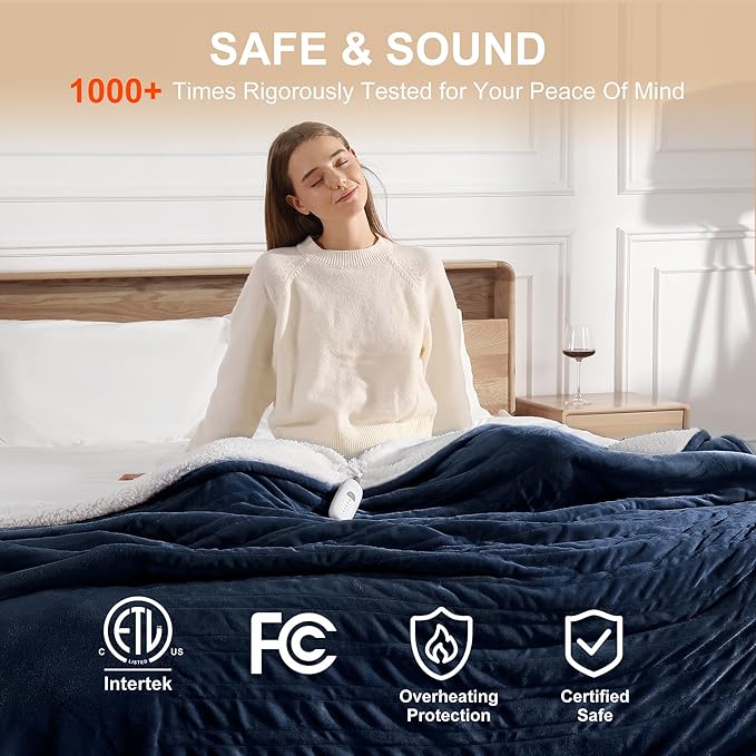 Electric Throw Heating Blankets 50X60in - Fleece Heated Throw Washable with 5 Heating Level & 4 Hour Auto Off Small Heated Blanket for Office, Chair Blanket for Winter, Great Gift Ideas(Navy Blue)