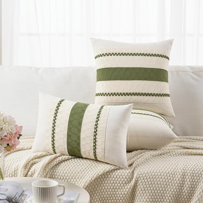 Fancy Homi Set of 2 Boho Moss Green Decorative Throw Pillow Cover 18x18 Inch for Couch Bed Sofa, Aesthetic Modern Organic Farmhouse Home Decor, Soft Cotton Cute Accent Macrame Woven Cushion Case