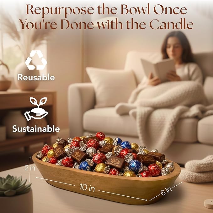 Dough Bowl Candle Co. Clean Cotton Soy Candle - 3 Wick Rustic Farmhouse Decor Odor Eliminator in Ornamental Wooden Bowls, 20 Ounce All-Natural Gifts for Women and Men, Wooden Dough Bowls for Decor