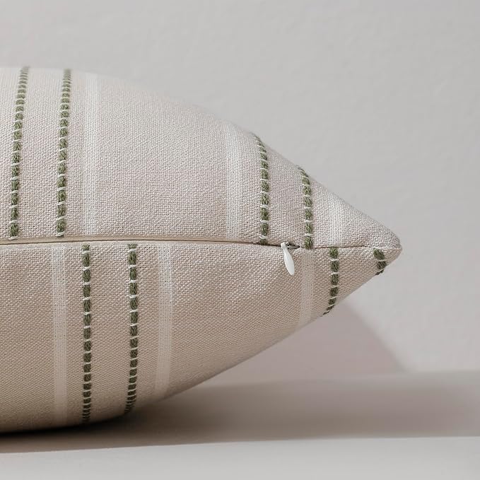 Hckot Throw Pillow Covers 12x20 Set of 2 Striped Pillow Covers Textured Linen Decorative Pillows Lumbar Cushion Covers for Sofa Couch Bed Living Room Farmhouse Decor, Sage Green