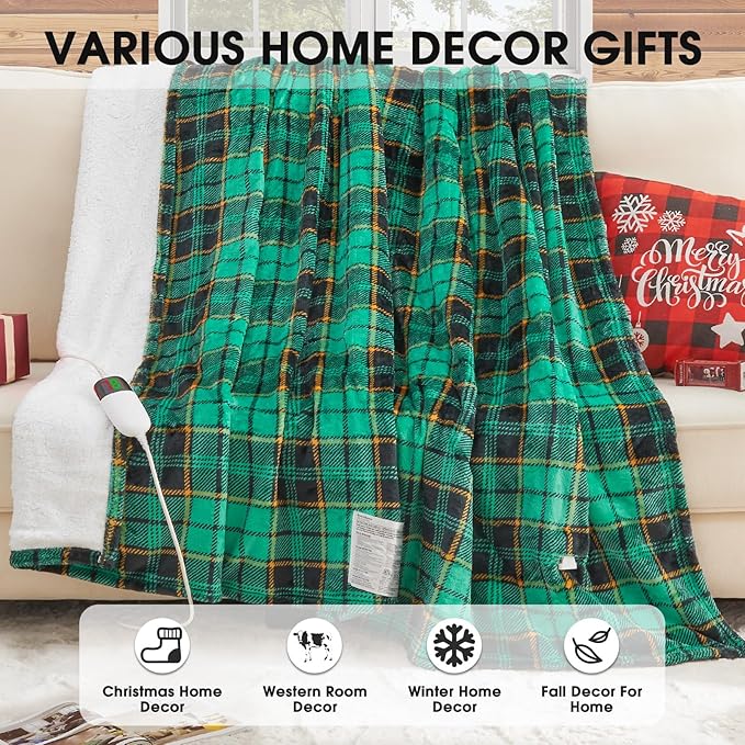 OCTROT Green Heated Blanket Electric Throw 50X60, Heating Blanket for Couch, Plaid Sherpa Winter Blankets Warmer, 10 Levels & 8-Hour Auto Off, for Mom Women, Home Decor for Couch Bed Office