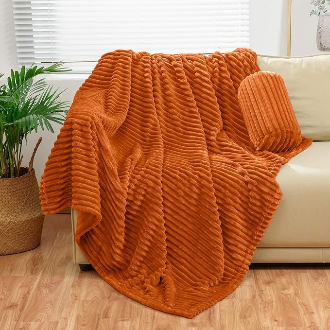 Bnuitland Orange Fleece Throw Blanket 90"x90",300GSM Large Big Soft Cozy Warm Lightweight Stripe Pattern for Bed Sofa Home Decor,Suitable for Adults Family All Season