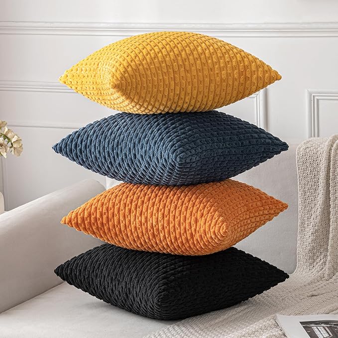 MIULEE Orange Throw Pillow Covers Soft Corduroy Decorative Set of 2 Boho Striped Pillow Covers Pillowcases Farmhouse Home Decor for Halloween Couch Bed Sofa Living Room 18x18 Inch