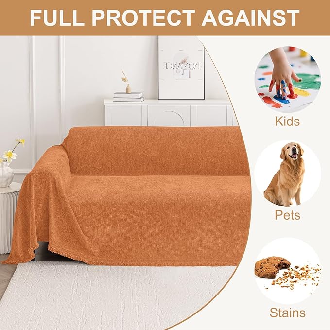 Smiry Couch Cover for Dogs, Washable Chenille Sofa Covers for 3 Cushion Couch, Soft Sofa Slipcover for Pets, Thick Sectional Furniture Protector with Tassels (Orange, 71x134 Inch)