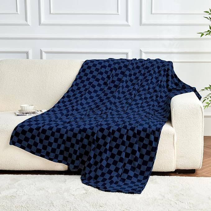 FY FIBER HOUSE Navy Throw Blanket Checkered Bedding Soft Cozy Checkerboard Grid Print Blankets for Bed Couch Sofa, 50"x60"