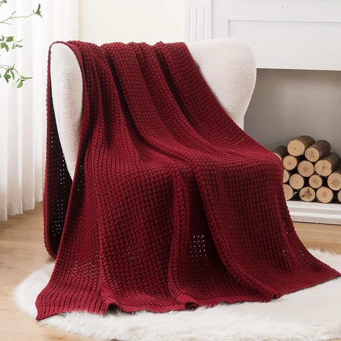 Bunnikins & Clover Christmas Throw Blanket for Couch, Knitted Waffle Throw Blanket, Red Blanket Throw for Women Mothers Birthday Gifts, 60"x80"