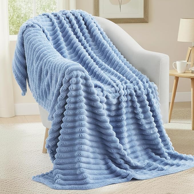decorUhome Soft Fleece Blue Grey Blanket King Size for Bed, Cozy Fluffy Plush Flannel Large Striped Throws for Couch Sofa, Lightweight Decorative Fuzzy Blanket for Woman, 108x90 Inches