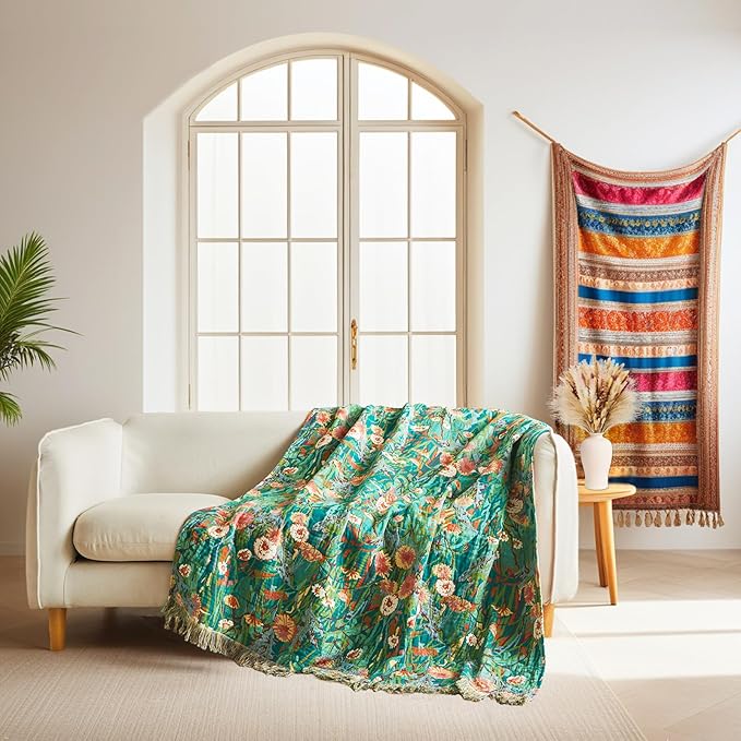 Cotton Boho Blanket Queen Size Soft Spring Lightweight Bed Quilt Floral Embroidery Blanket for Bedroom Living Room Home Decor Reversible Blankets 90"x90"