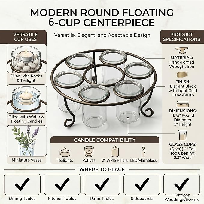Metal 6-Cup 11.75" Round Floating Candle Holder Table Centerpiece with Large Glass Cups for Weddings, Outdoor Patio, Dining Room, and Coffee Tables, Black with Brushed Gold