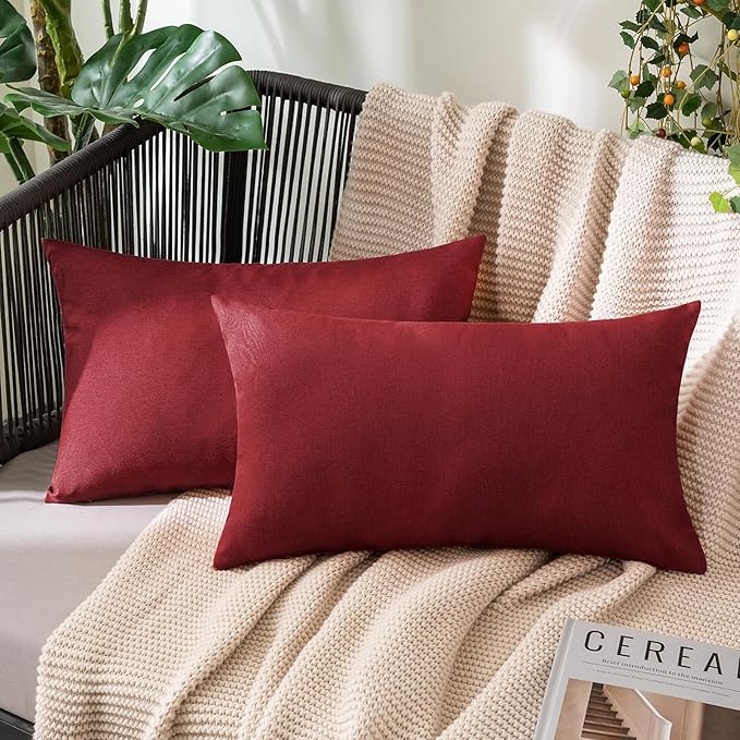 MIULEE Pack of 2 Decorative Outdoor Solid Waterproof Throw Pillow Covers Faux Linen Garden Farmhouse Cushion Cases for Patio Tent Balcony Couch Sofa 20x12 Inch Wine Red
