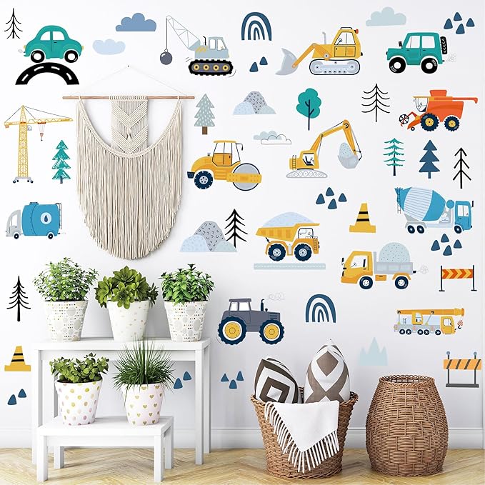 Construction Wall Stickers - 6 Sheets 90 Pcs Construction Themed Trucks Excavator Crane Wall Decals Peel and Stick Wall Decors for Kids Baby Bedroom Boys Room Nursery Playroom