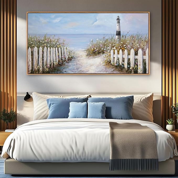 Ocean Wall Art for Living Room - Coastal Canvas Artwork for Walls, Vintage Landscape with Lighthouse, Farmhouse Beach Pictures, Framed Bedroom Wall Decor 24×48IN
